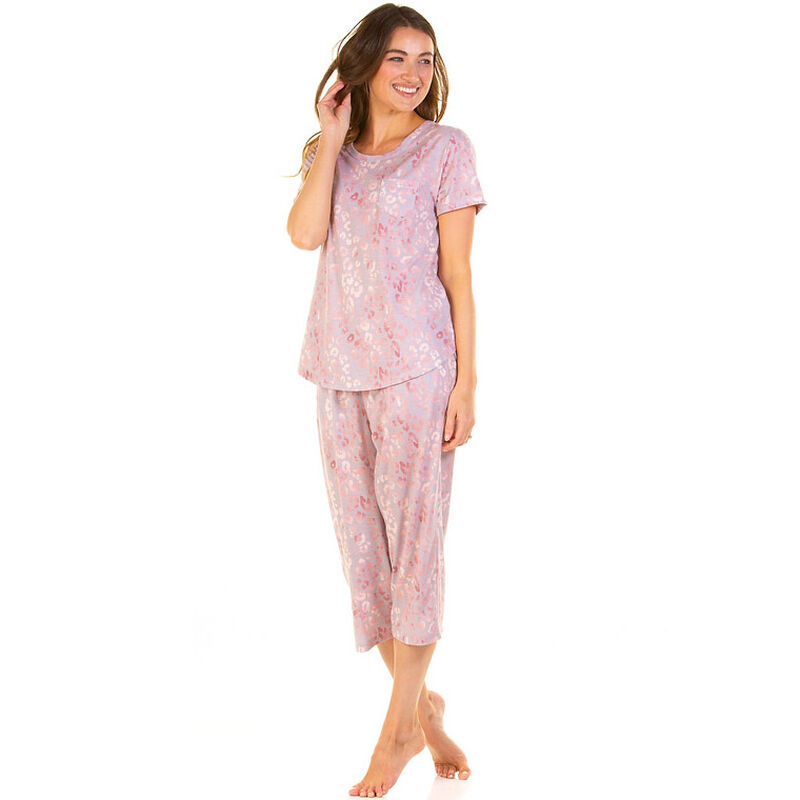 Wysteria Lane Rose Leopard Crew Neck Short Sleeve Cropped Pyjama Set image number 3
